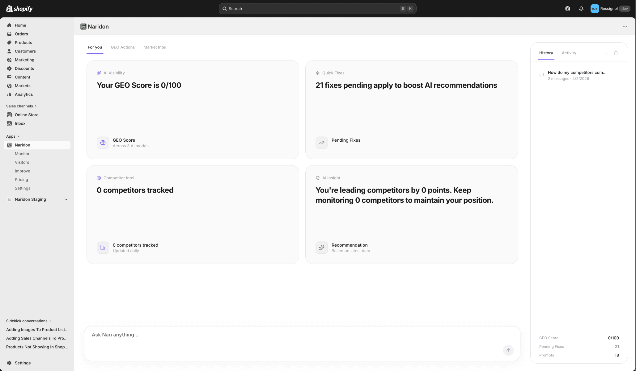 Naridon inside Shopify admin